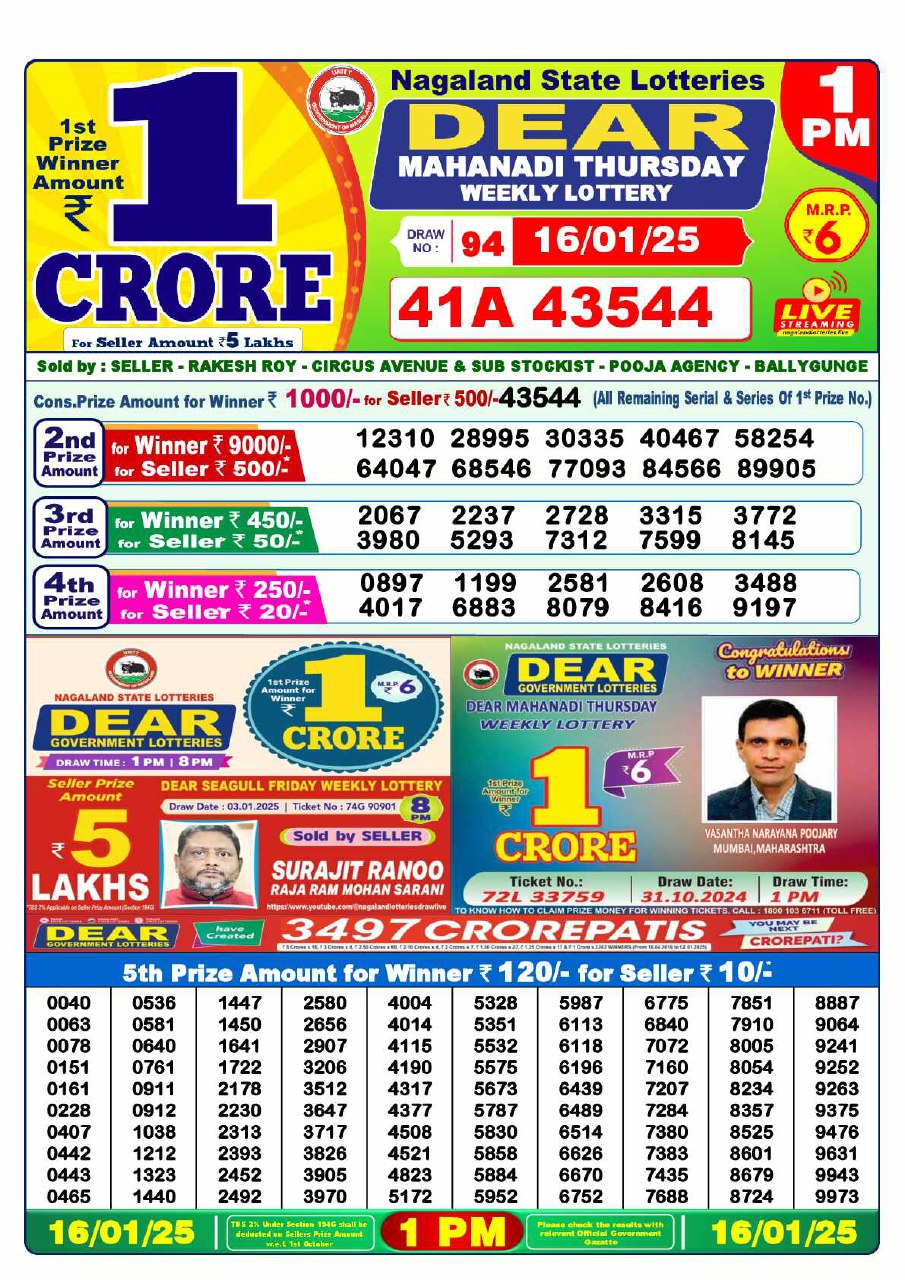 Dear Lottery Result 1 PM - 16.01.2025